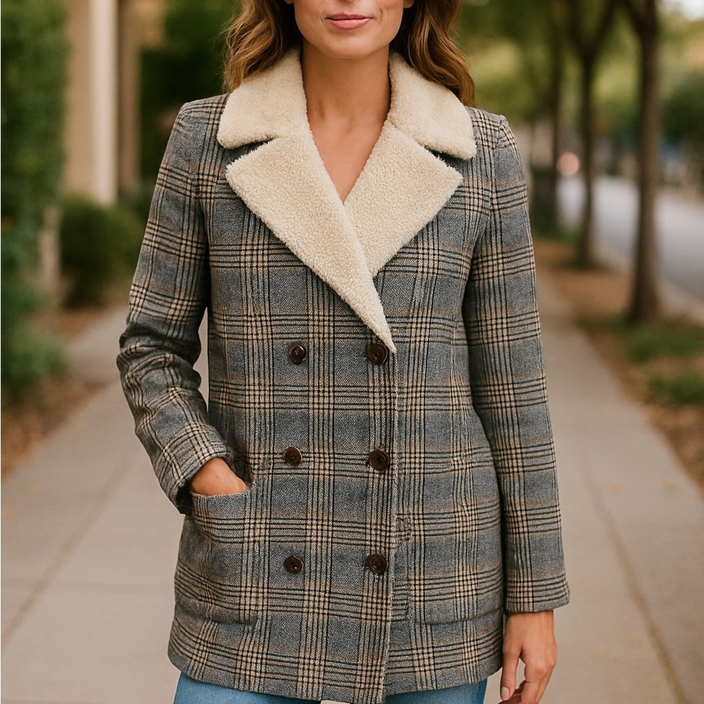 Zara Plaid Sherpa Lined Pea Coat Double Breasted Charcoal Tan Small